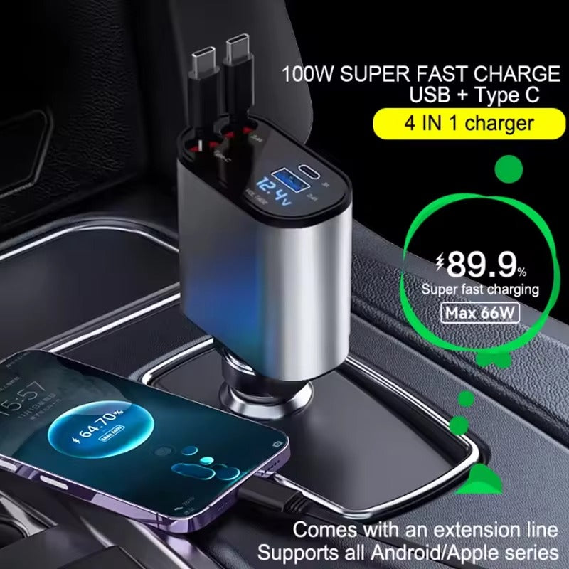 4 in 1 Retractable Charger Car Cigarette Lighter Adapter USB