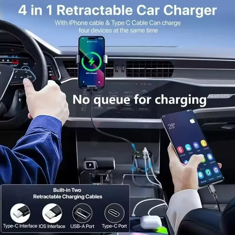 4 in 1 Retractable Charger Car Cigarette Lighter Adapter USB